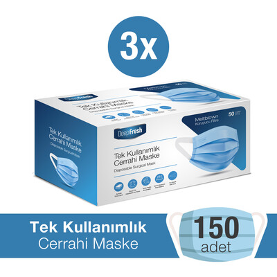 Deep Fresh - Deep Fresh 3 Katlı Telli Cerrahi Maske 3 lü Paket 150 Adet