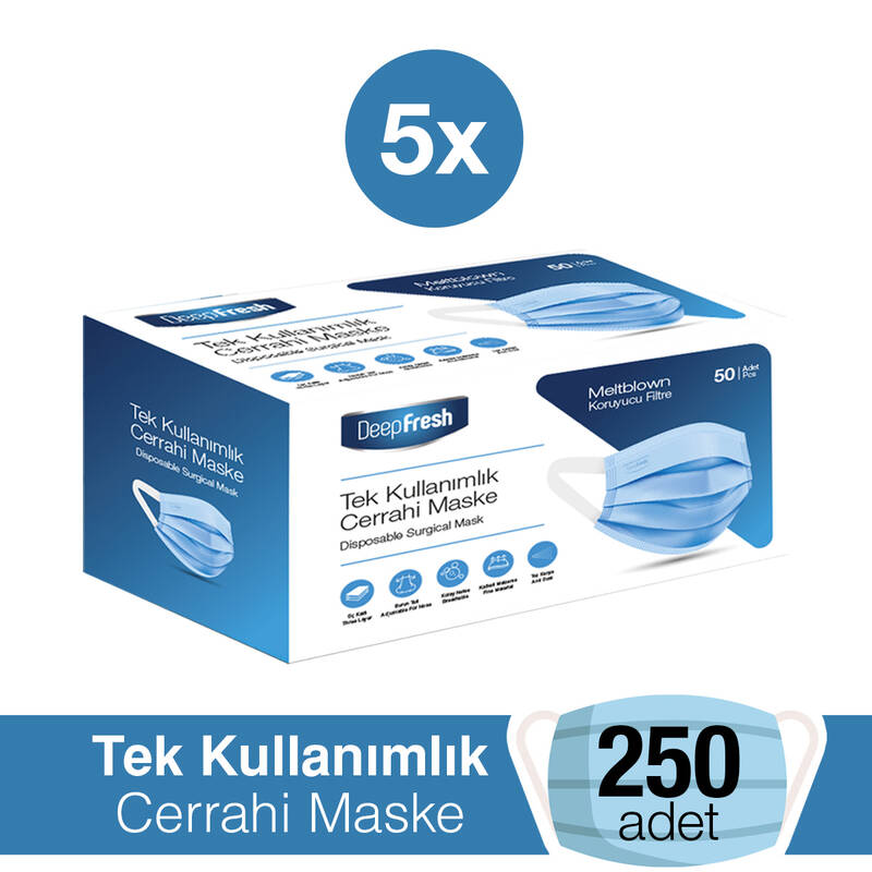 Deep Fresh 3 Katlı Telli Cerrahi Maske 5 li Paket 250 Adet