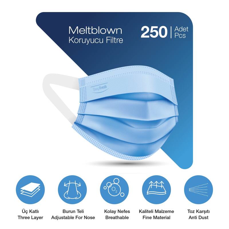 Deep Fresh 3 Katlı Telli Cerrahi Maske 5 li Paket 250 Adet