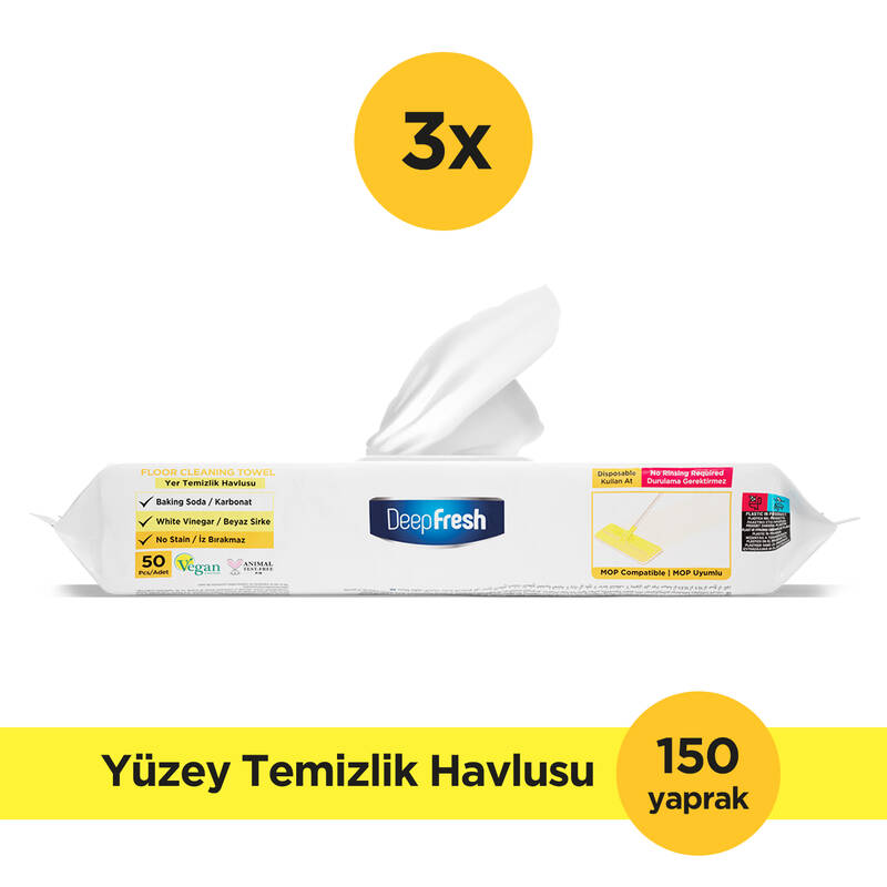 Deep Fresh İz Bırakmaz Mop Uyumlu Yer Temizleme Havlusu 50 Yaprak 3 Adet | Limon Yağlı | Karbonat, Beyaz Sirke