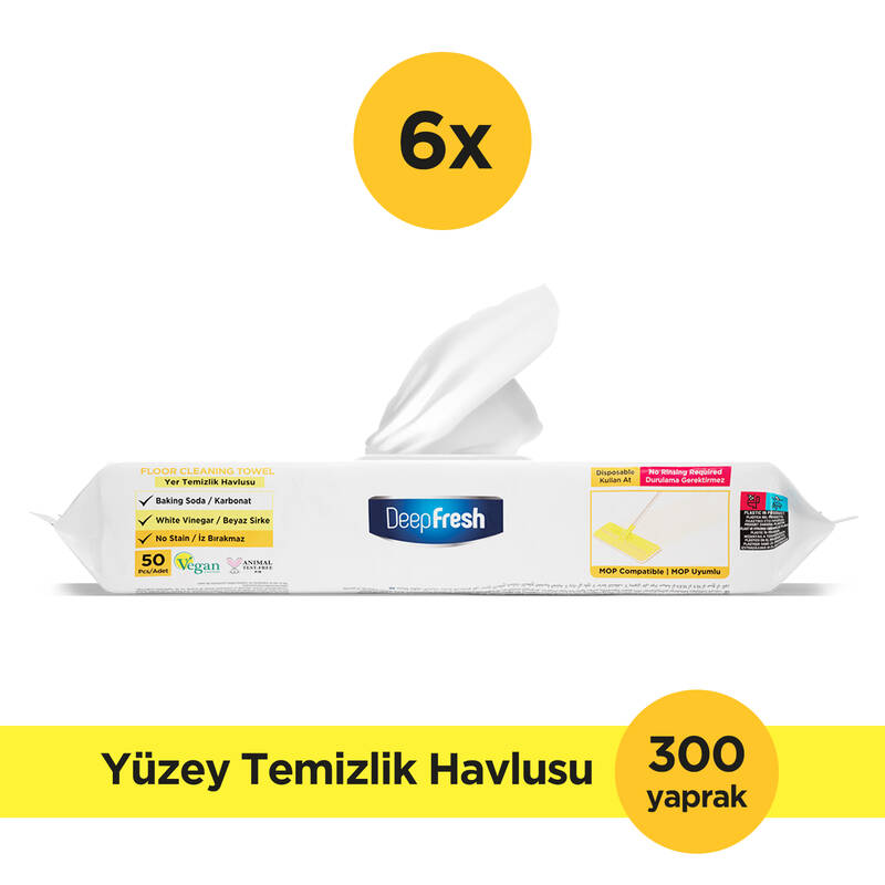 Deep Fresh İz Bırakmaz Mop Uyumlu Yer Temizleme Havlusu 50 Yaprak 6 Adet | LimonYağlı | Karbonat, Beyaz Sirke