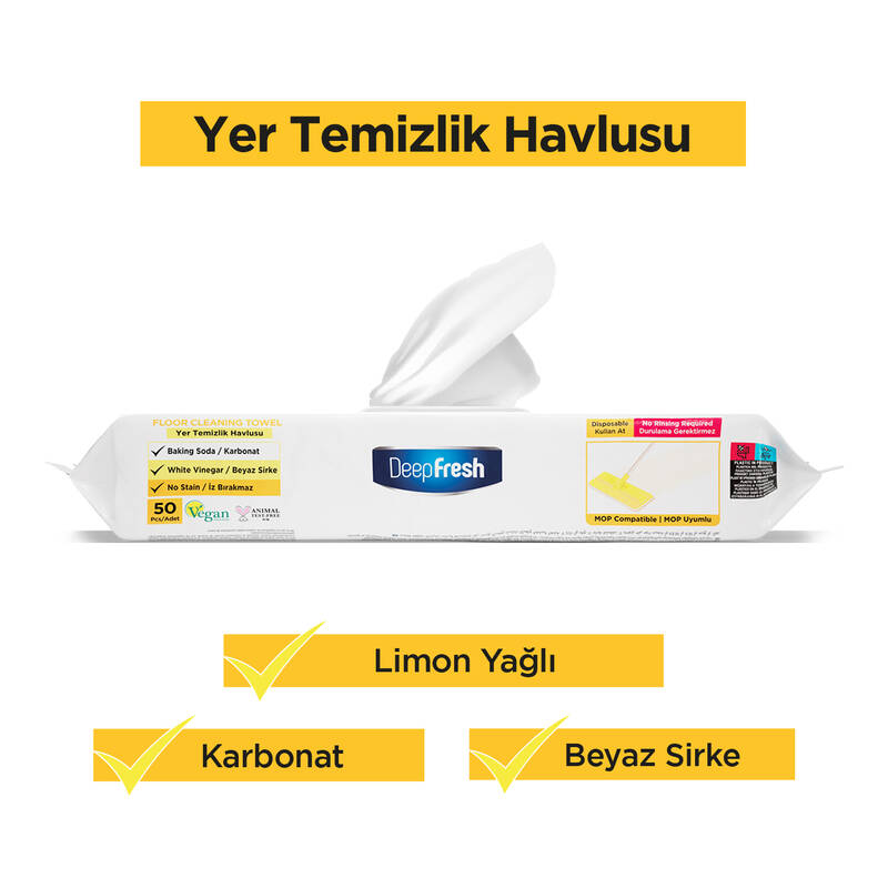 Deep Fresh İz Bırakmaz Mop Uyumlu Yer Temizleme Havlusu 50 Yaprak | Limon Yağlı | Karbonat, Beyaz Sirke