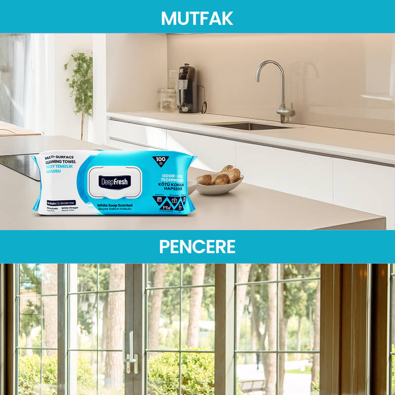Deep Fresh İz Bırakmaz Yüzey Temizleme Havlusu Karbonat & Beyaz Sirke 100 Yaprak