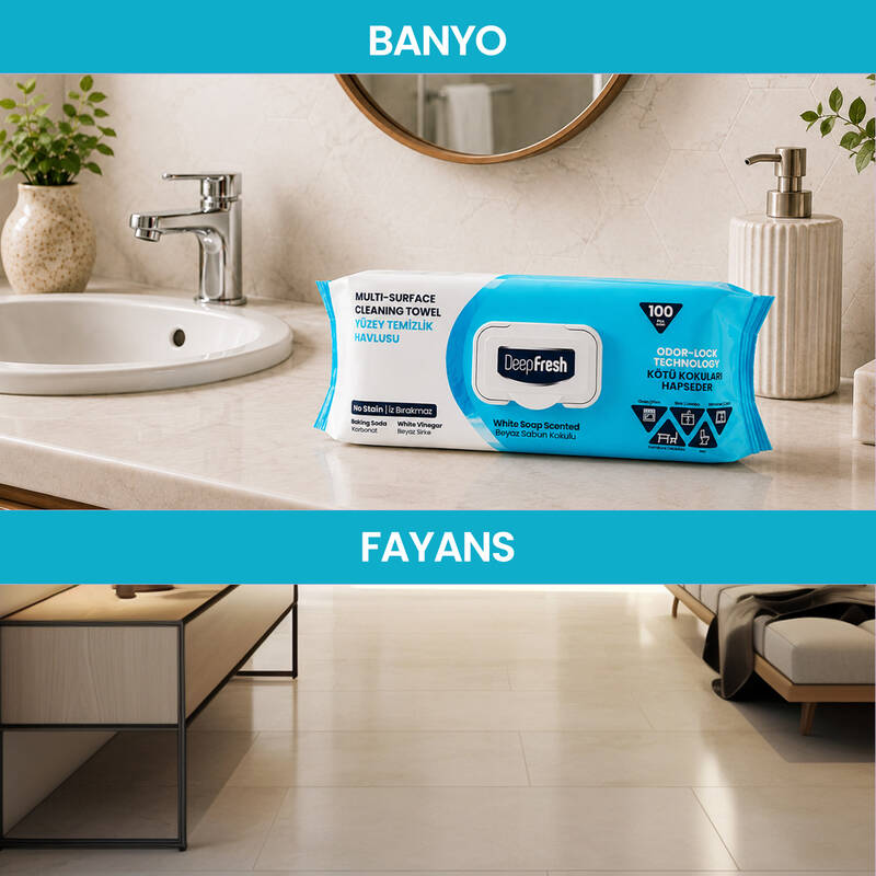 Deep Fresh İz Bırakmaz Yüzey Temizleme Havlusu Karbonat & Beyaz Sirke 100 Yaprak