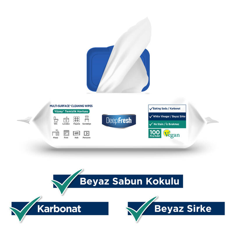 Deep Fresh İz Bırakmaz Yüzey Temizlik Havlusu 100 Yaprak 3 Adet | Beyaz Sabun Kokulu | Karbonat, Beyaz Sirke
