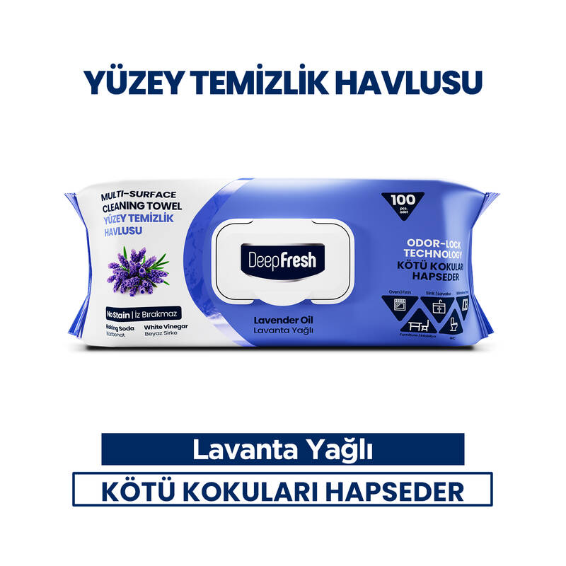 Deep Fresh İz Bırakmaz Yüzey Temizlik Havlusu 100 Yaprak | Lavanta Yağlı | Karbonat, Beyaz Sirke