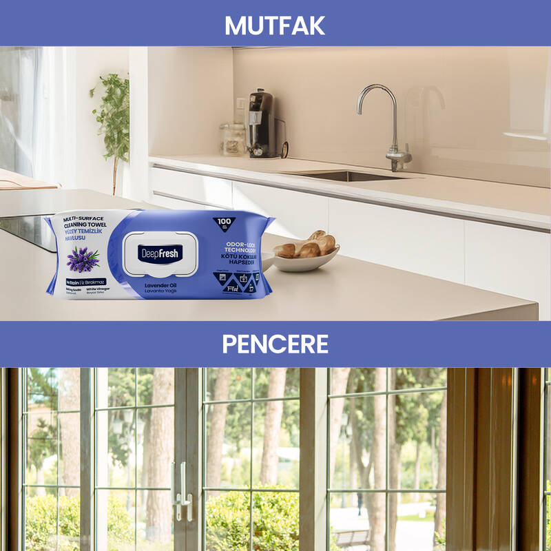 Deep Fresh İz Bırakmaz Yüzey Temizlik Havlusu 100 Yaprak | Lavanta Yağlı | Karbonat, Beyaz Sirke