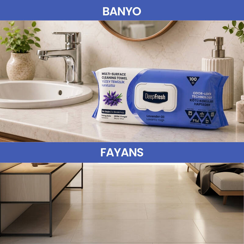 Deep Fresh İz Bırakmaz Yüzey Temizlik Havlusu 100 Yaprak | Lavanta Yağlı | Karbonat, Beyaz Sirke