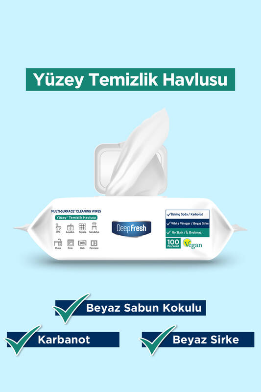 Deep Fresh İz Bırakmaz Yüzey Temizlik Havlusu Karbonat & Beyaz Sirke 100 Yaprak 9 Adet