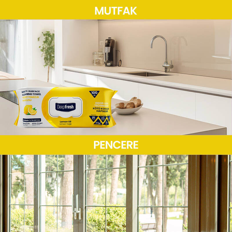 Deep Fresh İz Bırakmaz Yüzey Temizlik Havlusu 100 Yaprak | Limon Yağlı | Karbonat, Beyaz Sirke