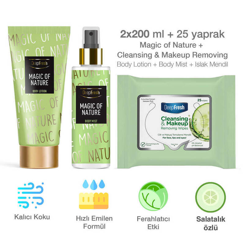 Deep Fresh Vücut Spreyi & Losyonu Magic of Nature & Makyaj Temizleme Mendil 25 Adet