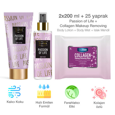 Deep Fresh Vücut Spreyi & Losyonu Passion of Life & Makyaj Temizleme Mendil 25 Adet - Thumbnail