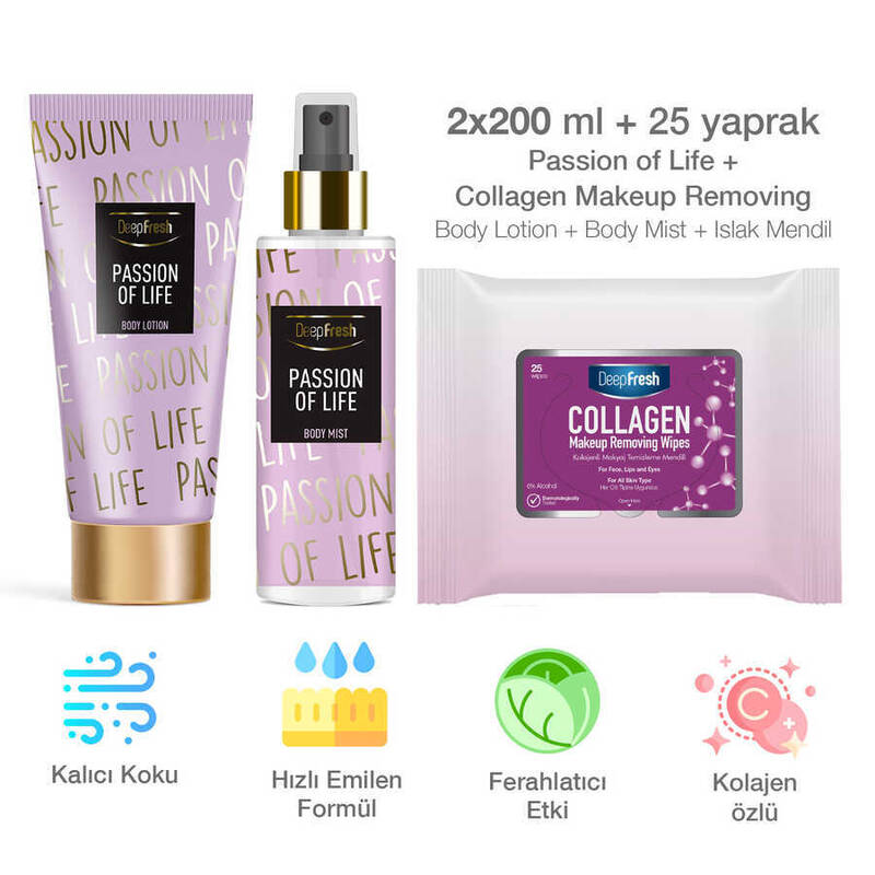 Deep Fresh Vücut Spreyi & Losyonu Passion of Life & Makyaj Temizleme Mendil 25 Adet