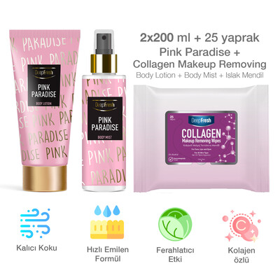 Deep Fresh Vücut Spreyi & Losyonu Pink Paradise & Makyaj Temizleme Mendil 25 Adet - Thumbnail