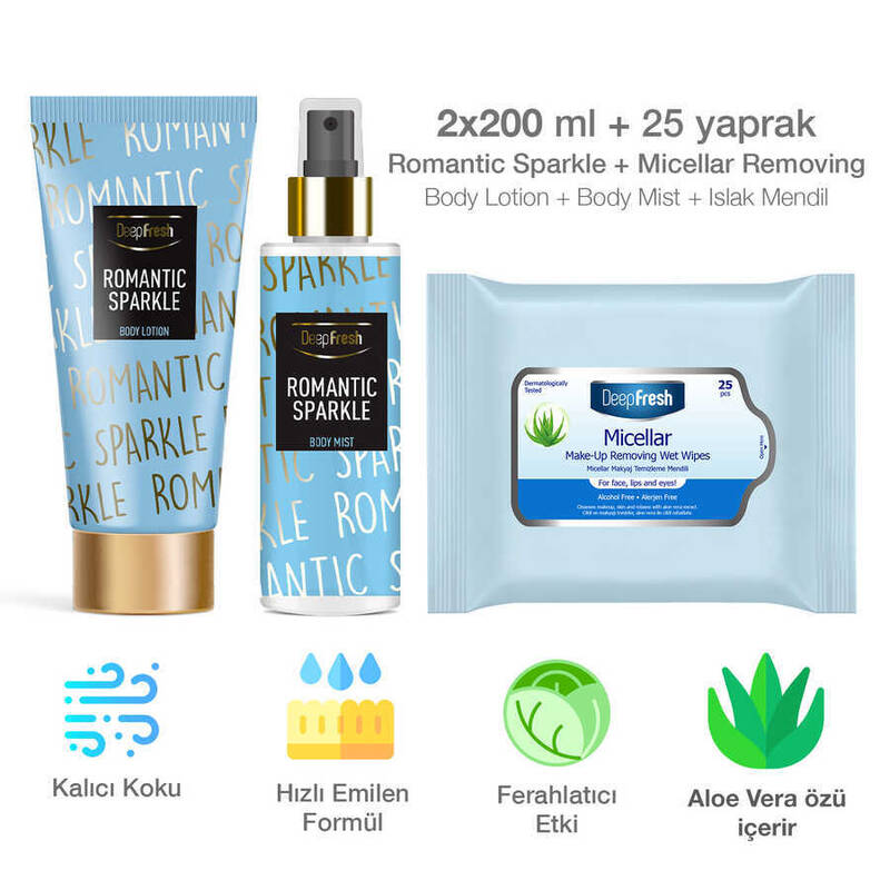 Deep Fresh Vücut Spreyi & Losyonu Romantic Sparkle & Makyaj Temizleme Mendil 25 Adet