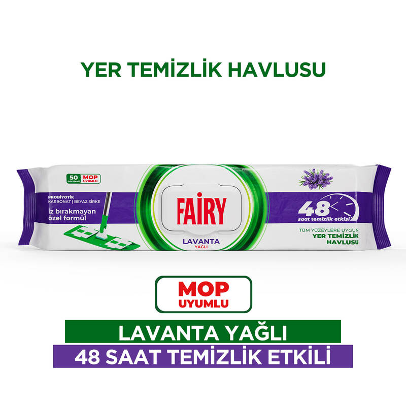 Fairy Çok Amaçlı Mop Uyumlu Yer Temizlik Havlusu 50 Yaprak | Lavanta Yağlı | Beyaz Sirke & Karbonat
