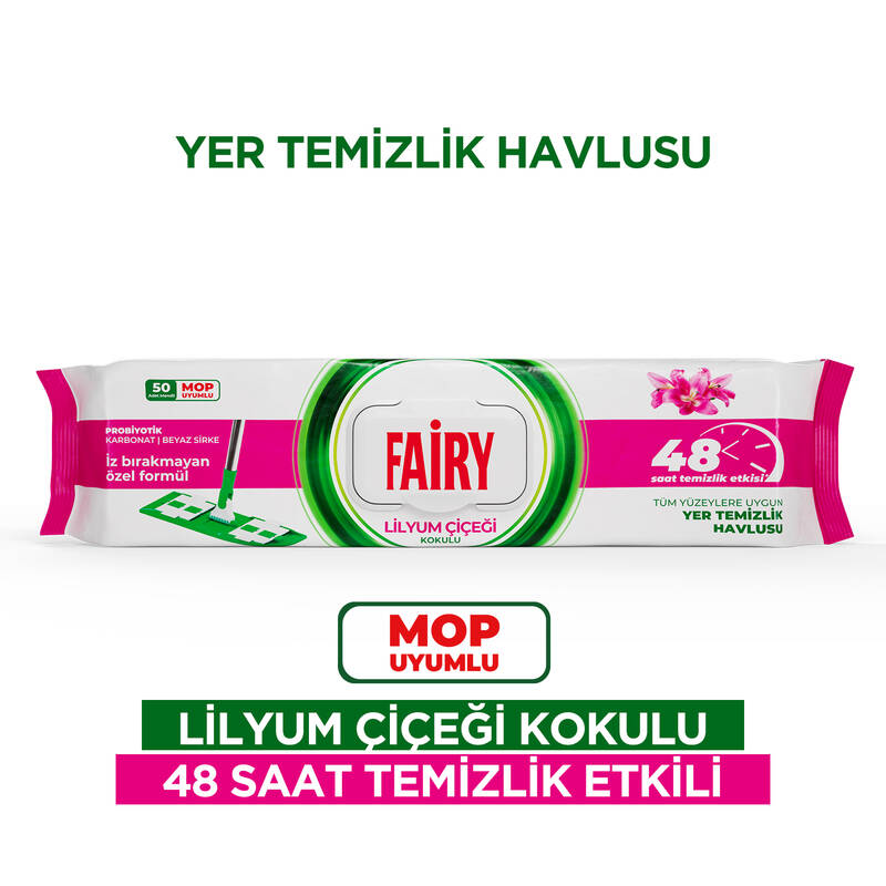 Fairy Çok Amaçlı Mop Uyumlu Yer Temizlik Havlusu 50 Yaprak | Lilyum Çiçeği| Beyaz Sirke & Karbonat