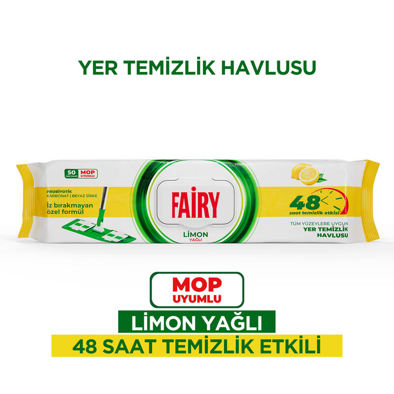Fairy Çok Amaçlı Mop Uyumlu Yer Temizlik Havlusu 50 Yaprak | Limon Yağlı | Beyaz Sirke Karbonat