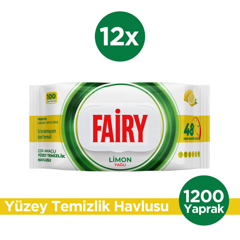 Fairy Çok Amaçlı Yüzey Temizleme Mendili 100 Yaprak 12 Adet | Limon Yağlı | Beyaz Sirke Karbonat