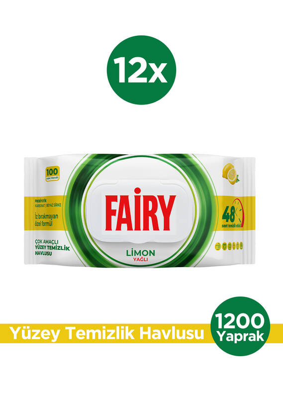 Fairy Çok Amaçlı Yüzey Temizleme Mendili 100 Yaprak 12 Adet | Limon Yağlı | Beyaz Sirke Karbonat