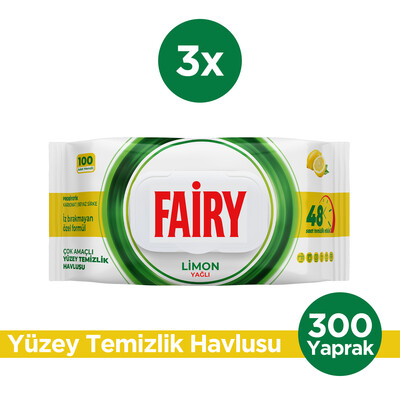 Fairy - Fairy Çok Amaçlı Yüzey Temizleme Mendili 100 Yaprak 3 Adet | Limon Yağlı | Beyaz Sirke Karbonat