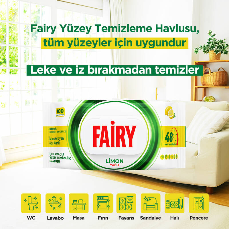 Fairy Çok Amaçlı Yüzey Temizleme Mendili 100 Yaprak 3 Adet | Limon Yağlı | Beyaz Sirke Karbonat