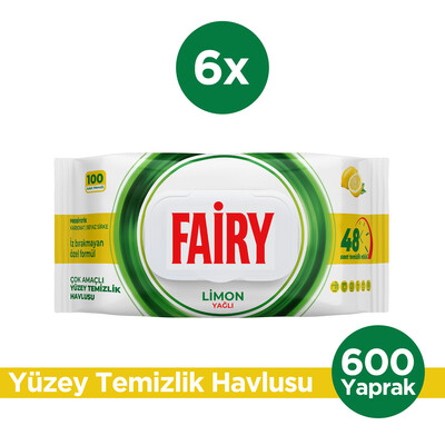 Fairy - Fairy Çok Amaçlı Yüzey Temizleme Mendili 100 Yaprak 6 Adet | Limon Yağlı | Beyaz Sirke Karbonat