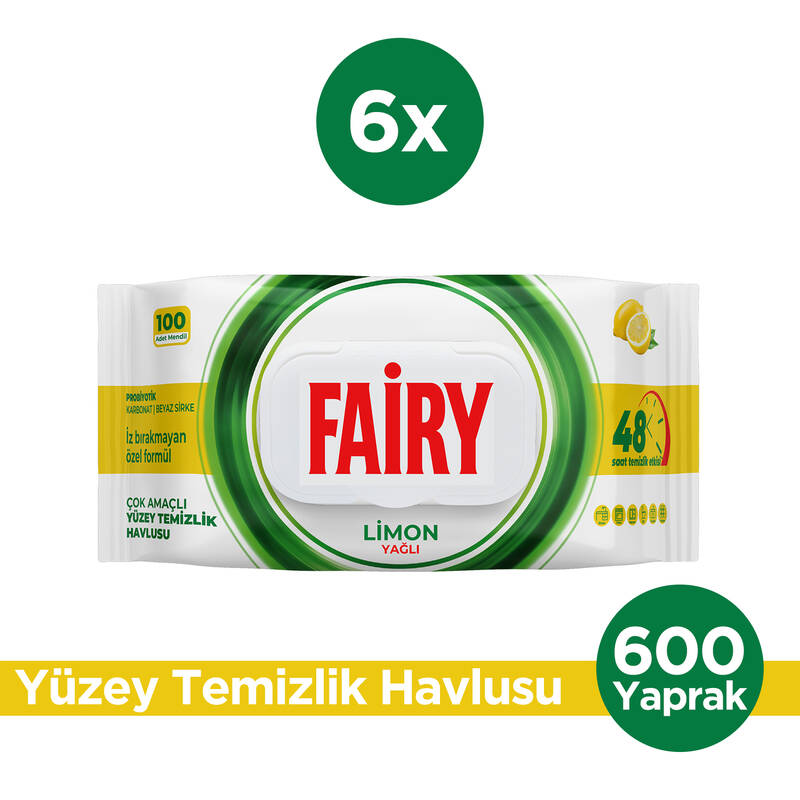 Fairy Çok Amaçlı Yüzey Temizleme Mendili 100 Yaprak 6 Adet | Limon Yağlı | Beyaz Sirke Karbonat
