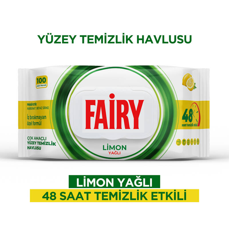 Fairy Çok Amaçlı Yüzey Temizleme Mendili 100 Yaprak | Limon Yağlı | Beyaz Sirke Karbonat