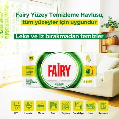 Fairy Çok Amaçlı Yüzey Temizleme Mendili 100 Yaprak | Limon Yağlı | Beyaz Sirke Karbonat - Thumbnail