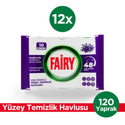 Fairy - Fairy Çok Amaçlı Yüzey Temizlik Havlusu 10 Yaprak 12 Adet | Lavanta Yağlı | Beyaz Sirke & Karbonat