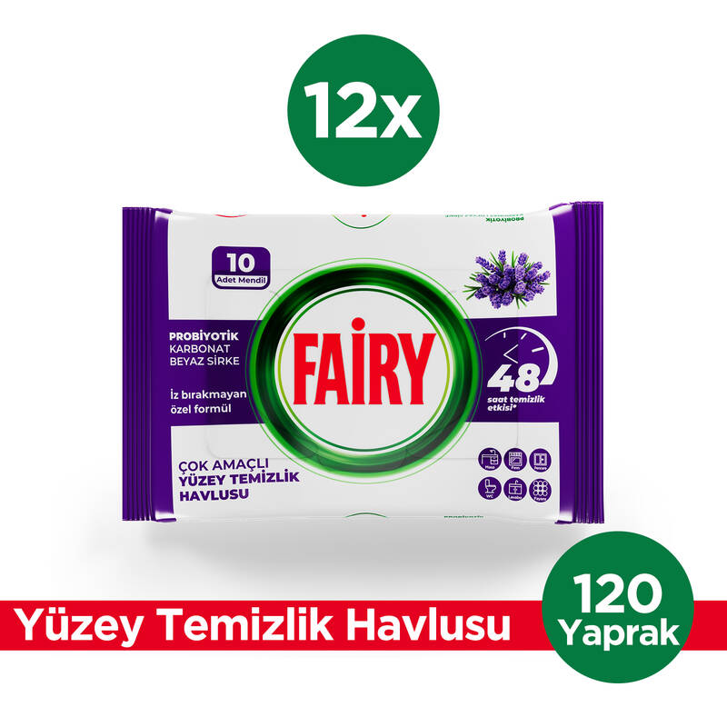 Fairy Çok Amaçlı Yüzey Temizlik Havlusu 10 Yaprak 12 Adet | Lavanta Yağlı | Beyaz Sirke & Karbonat