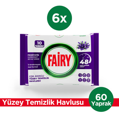 Fairy - Fairy Çok Amaçlı Yüzey Temizlik Havlusu 10 Yaprak 6 Adet | Lavanta Yağlı | Beyaz Sirke & Karbonat