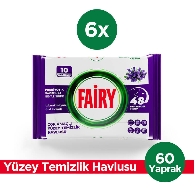 Fairy Çok Amaçlı Yüzey Temizlik Havlusu 10 Yaprak 6 Adet | Lavanta Yağlı | Beyaz Sirke & Karbonat