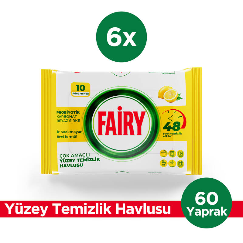Fairy Çok Amaçlı Yüzey Temizlik Havlusu 10 Yaprak 6 Adet | Limon Yağlı | Beyaz Sirke & Karbonat