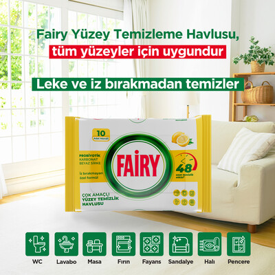 Fairy Çok Amaçlı Yüzey Temizlik Havlusu 10 Yaprak | Limon Yağlı | Beyaz Sirke & Karbonat - Thumbnail