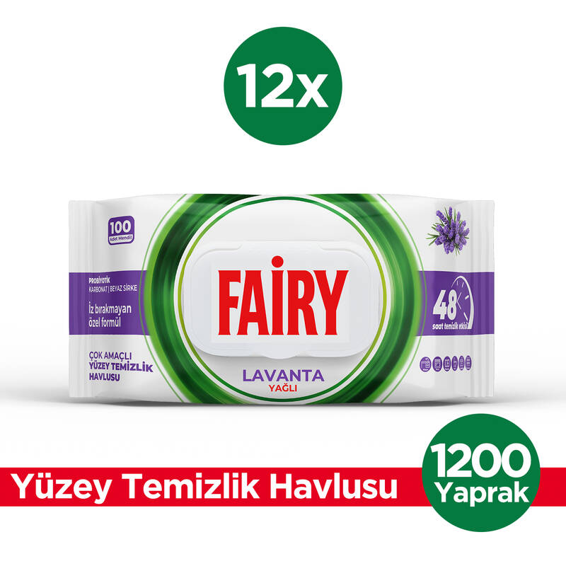 Fairy Çok Amaçlı Yüzey Temizlik Havlusu 100 Yaprak 12 Adet | Lavanta Yağlı | Beyaz Sirke Karbonat