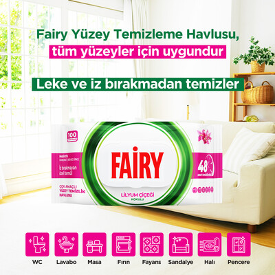 Fairy Çok Amaçlı Yüzey Temizlik Havlusu 100 Yaprak 12 Adet | Lilyum Çiçeği | Beyaz Sirke Karbonat - Thumbnail
