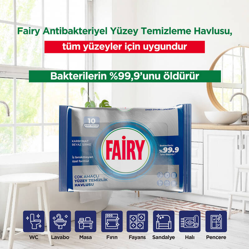 Fairy Platinum Antibakteriyel Yüzey Temizlik Havlusu 10 Yaprak 3 Adet | Beyaz Sirke & Karbonat