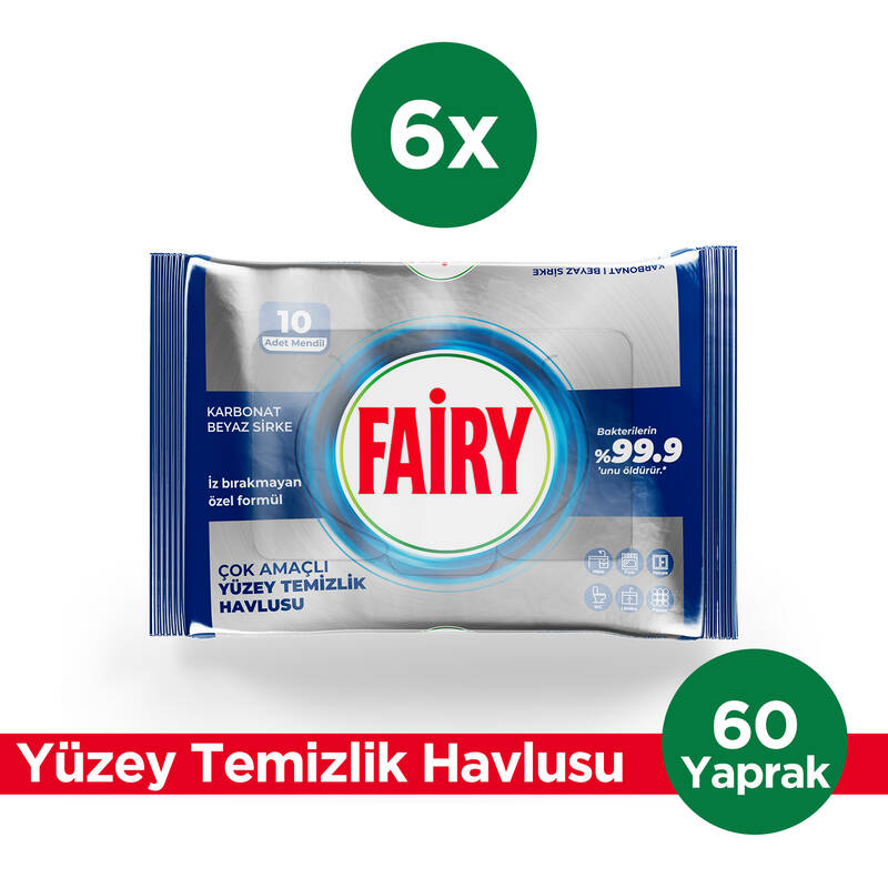 Fairy Platinum Antibakteriyel Yüzey Temizlik Havlusu 10 Yaprak 6 Adet | Beyaz Sirke & Karbonat