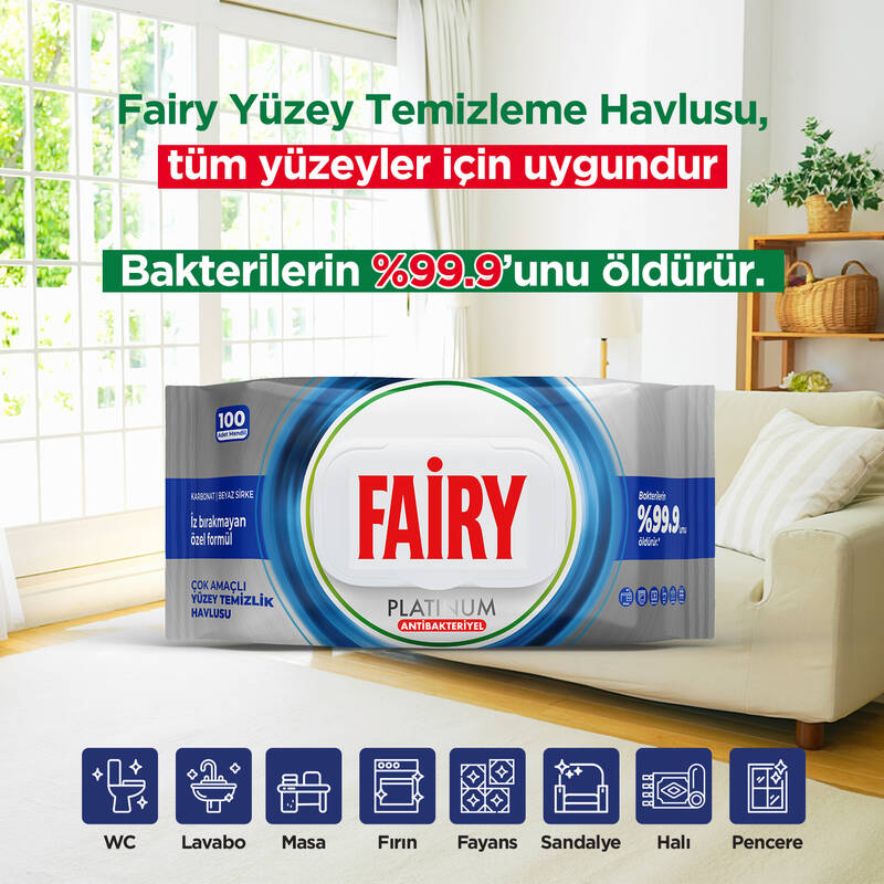Fairy Platinum Antibakteriyel Yüzey Temizlik Havlusu 100 Yaprak | Beyaz Sirke & Karbonat