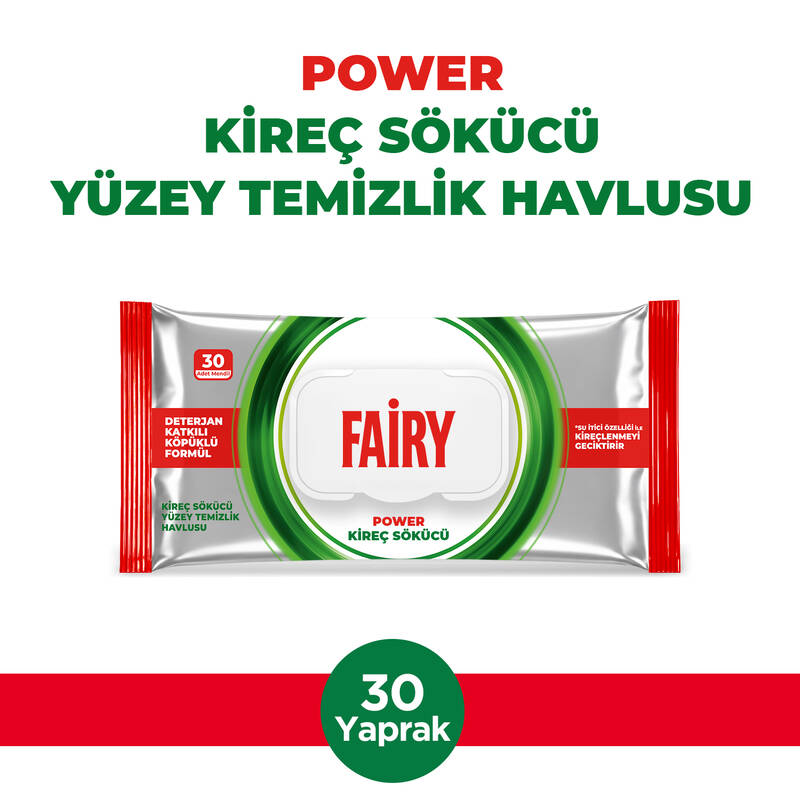 Fairy Power Kireç Sökücü Yüzey Temizlik Havlusu 30 Yaprak | Deterjan Katkılı Köpüklü Formül