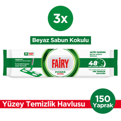 Fairy - Fairy Power Wipes Mop Uyumlu Yer Temizlik Havlusu 50 Yaprak | Beyaz Sabun | 3 Adet