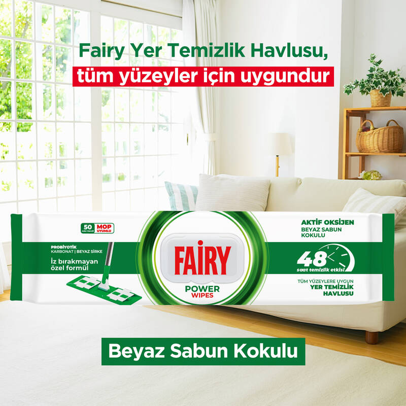 Fairy Power Wipes Mop Uyumlu Yer Temizlik Havlusu 50 Yaprak | Beyaz Sabun | 3 Adet