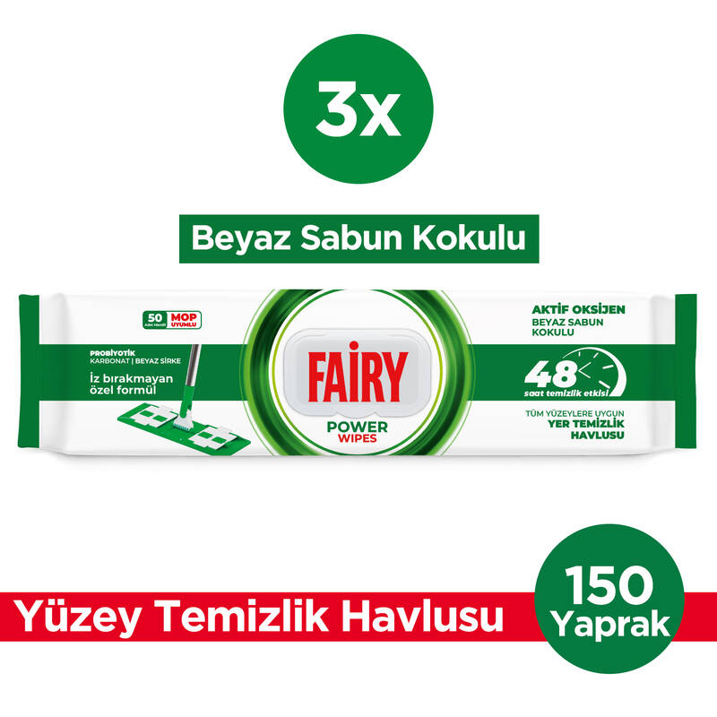 Fairy Power Wipes Mop Uyumlu Yer Temizlik Havlusu 50 Yaprak | Beyaz Sabun | 3 Adet Fairy Power Wipes Mop Uyumlu Yer Temizlik Havlusu 50 Yaprak | Beyaz Sabun | 3 Adet