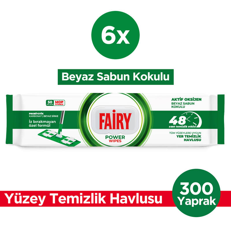 Fairy Power Wipes Mop Uyumlu Yer Temizlik Havlusu 50 Yaprak | Beyaz Sabun | 6 Adet Fairy Power Wipes Mop Uyumlu Yer Temizlik Havlusu 50 Yaprak | Beyaz Sabun | 6 Adet