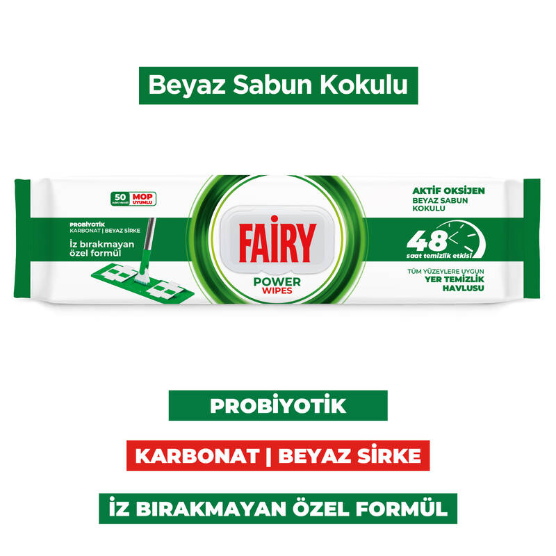 Fairy Power Wipes Mop Uyumlu Yer Temizlik Havlusu 50 Yaprak | Beyaz Sabun | 6 Adet Fairy Power Wipes Mop Uyumlu Yer Temizlik Havlusu 50 Yaprak | Beyaz Sabun | 6 Adet