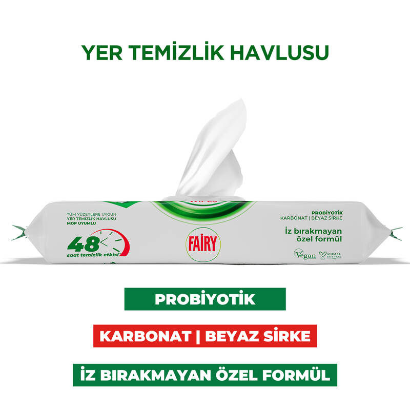 Fairy Power Wipes Mop Uyumlu Yer Temizlik Havlusu 50 Yaprak | Beyaz Sabun | Beyaz Sirke & Karbonat