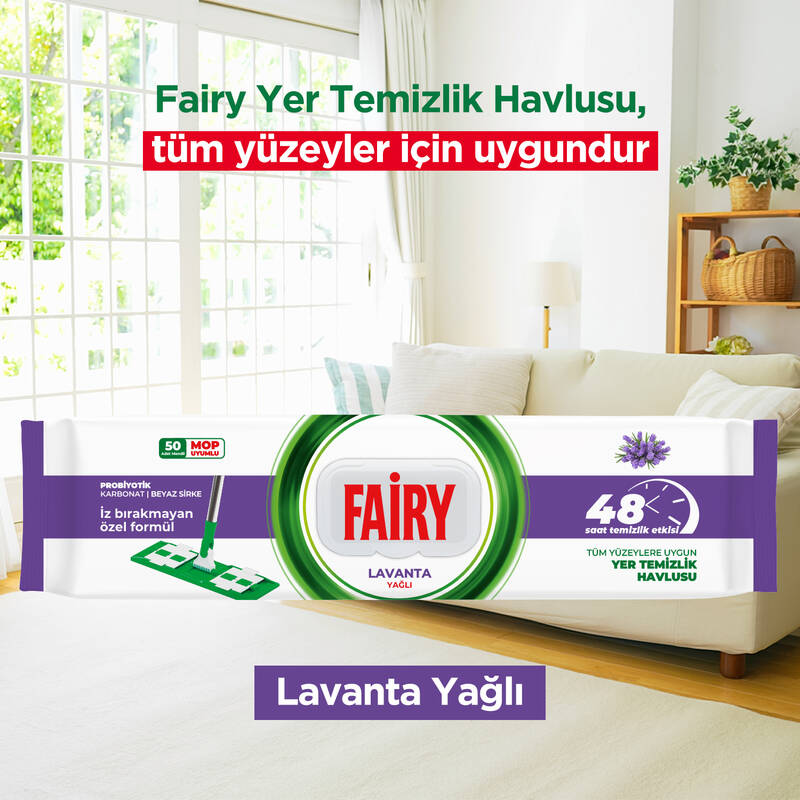 Fairy Power Wipes Mop Uyumlu Yer Temizlik Havlusu 50 Yaprak | Lavanta Yağlı | 6 Adet