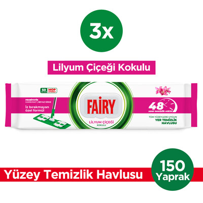 Fairy - Fairy Power Wipes Mop Uyumlu Yer Temizlik Havlusu 50 Yaprak | Lilyum Çiçeği | 3 Adet